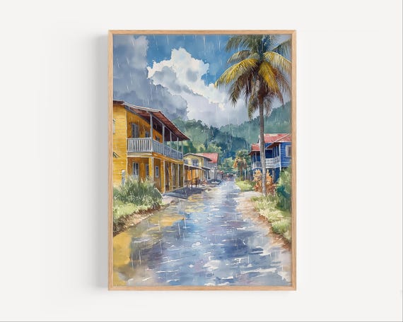 Belmopan Belize Watercolor Painting Central America Travel Wall Art Poster Or Canvas Print Rain Capital City Decor Gift Raining