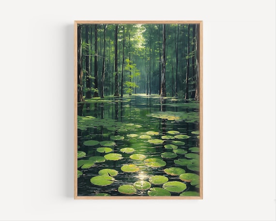 Congaree Swamp Lily Pads Dark Forest Wetland Oil Painting Poster