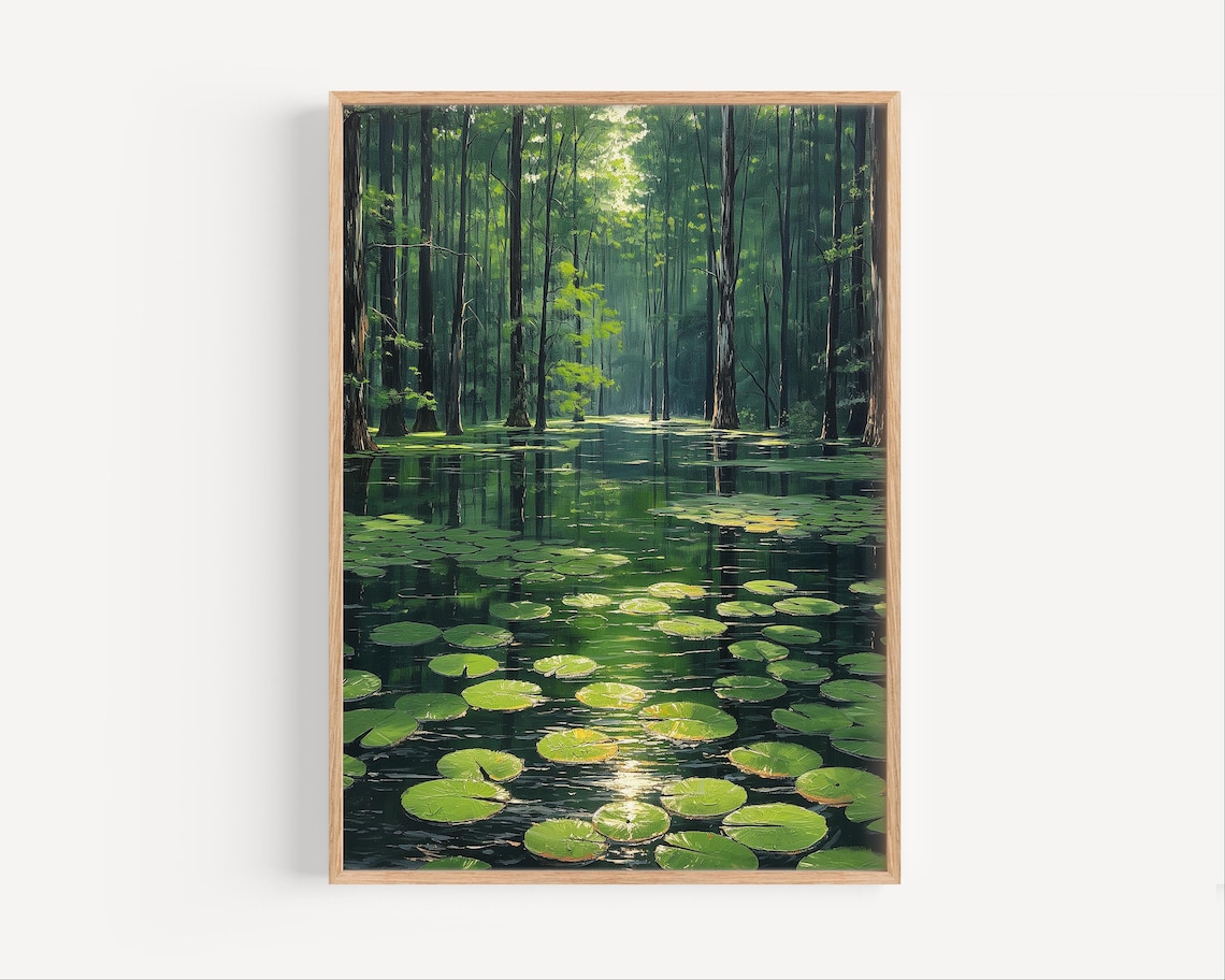 Congaree Swamp Lily Pads Dark Forest Wetland Oil Painting Poster