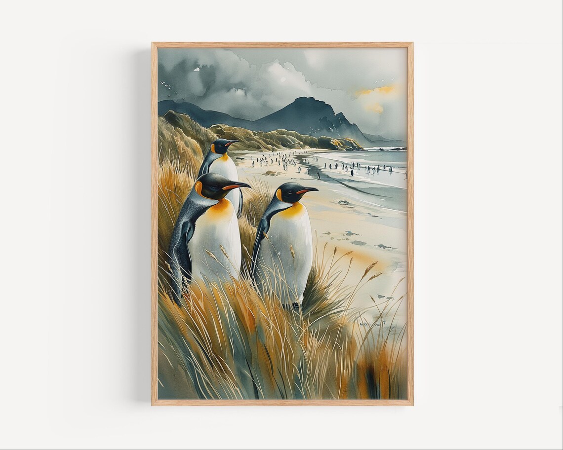 King Penguin Watercolor Beach Mountain Coastal Wildlife Poster