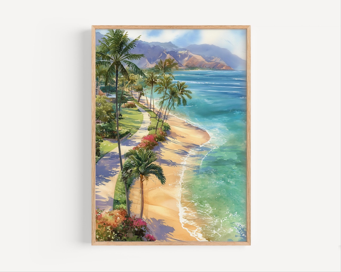 Kaanapali Beach Watercolor Painting Print, Maui