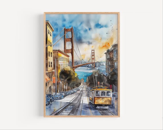 San Fransisco Golden Gate Bridge Watercolor Painting Wall Art Poster Print Or Canvas Artwork Travel Decor Gift Historical