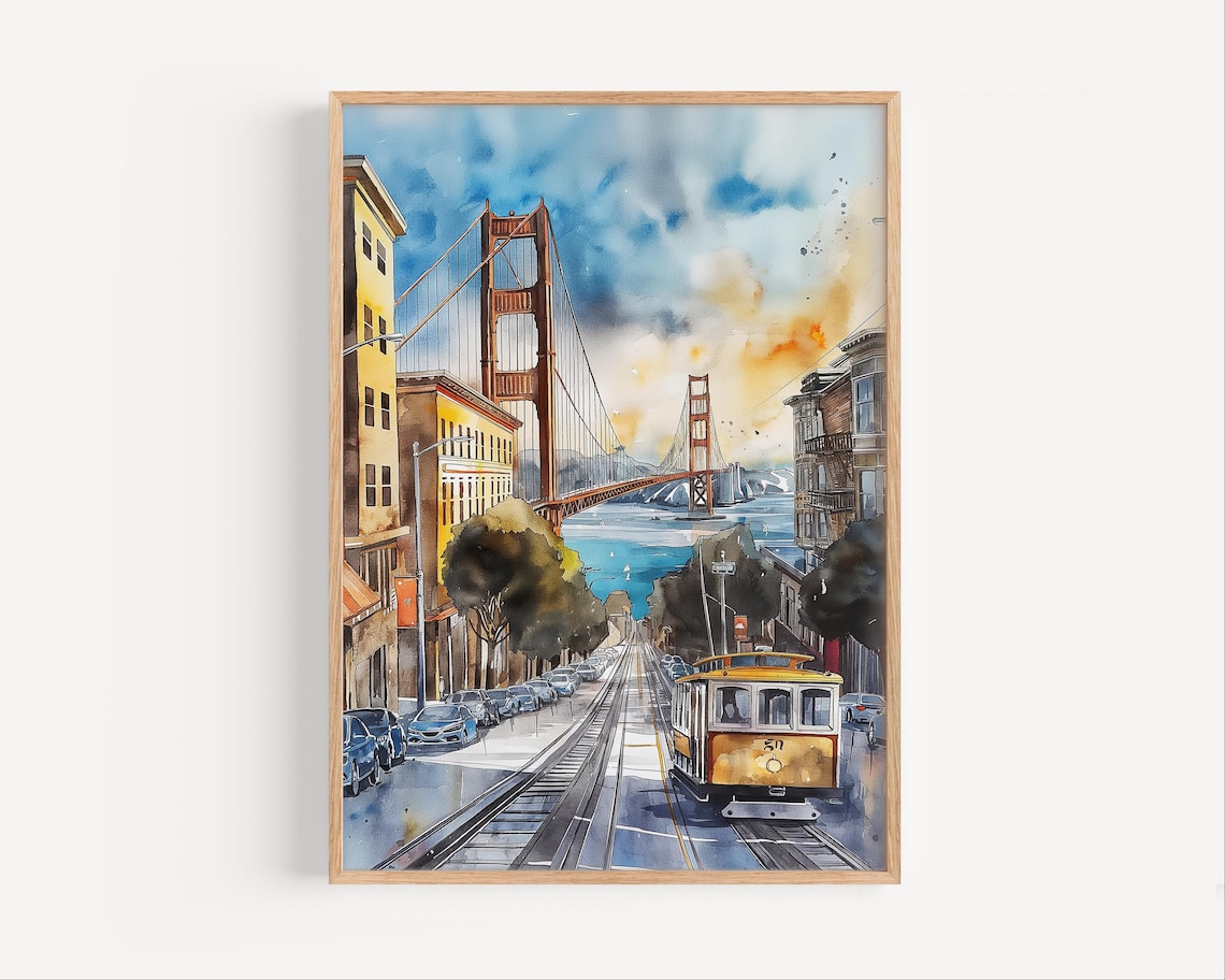 San Francisco Golden Gate Bridge Cable Car Street Watercolor Art Poster
