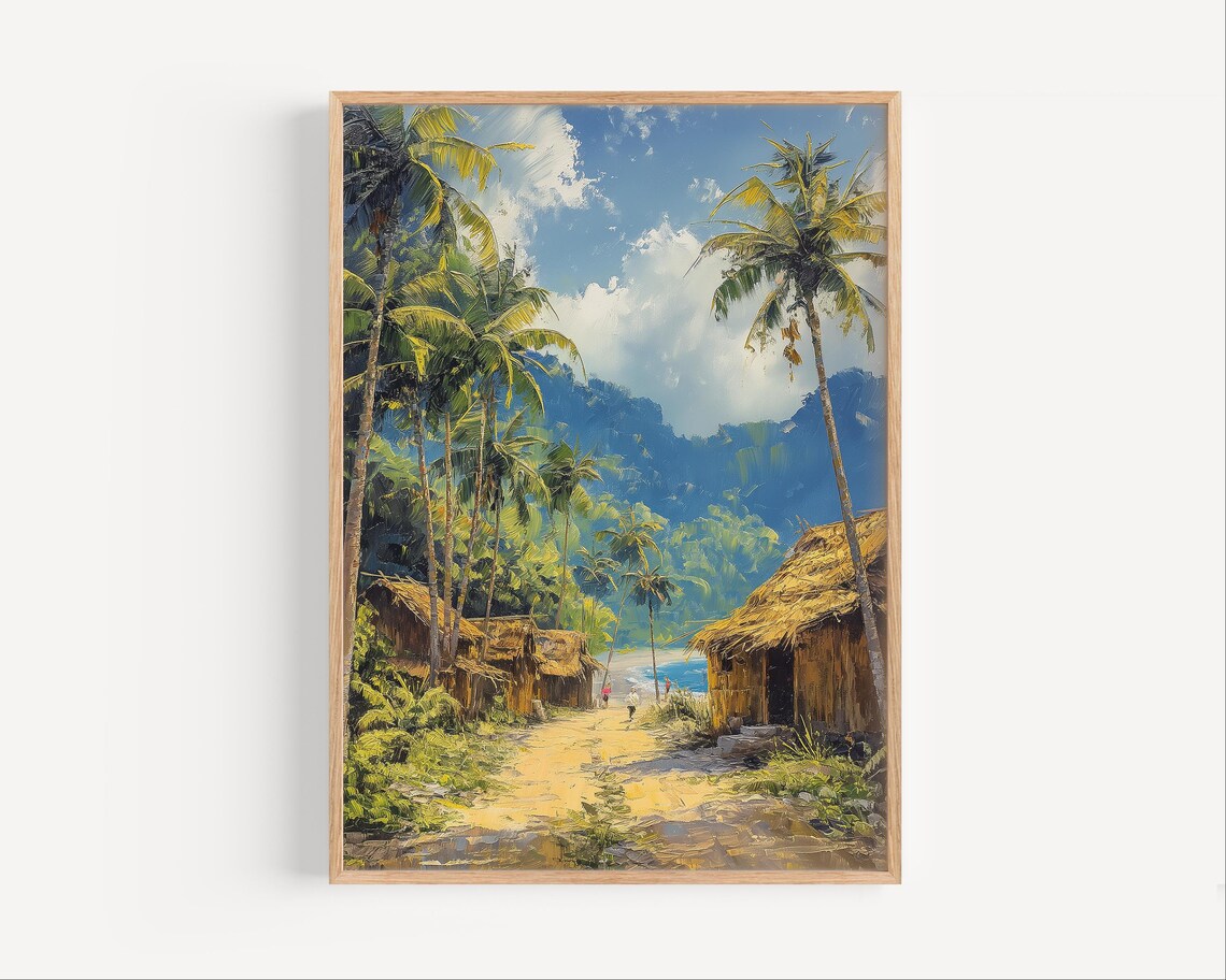 Filipino Village Oil Painting Thatched Huts Palms Mountain Poster