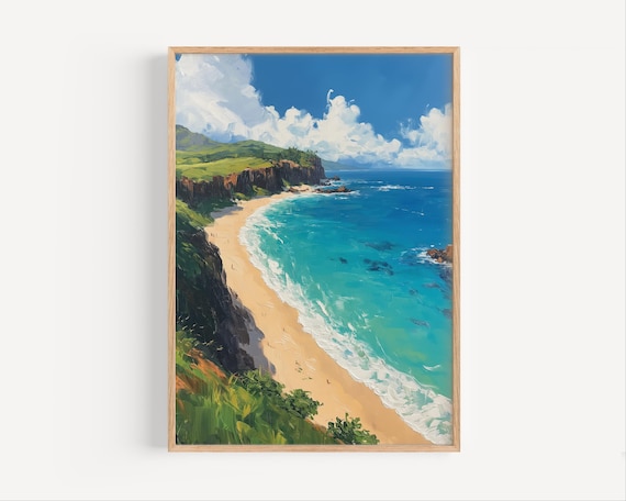 Lanai Hawaii Clifftop Beach Turquoise Bay Oil Painting Poster