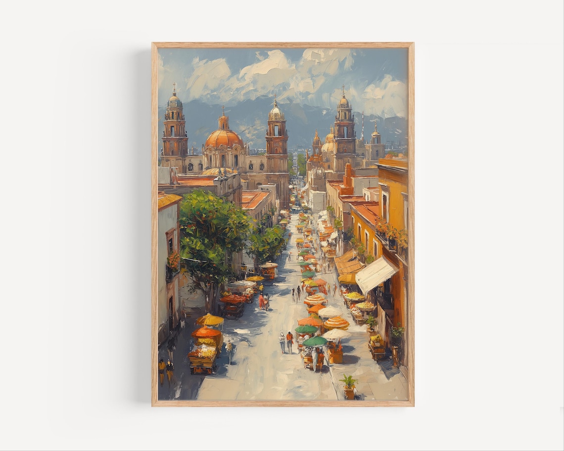 Mexico City Oil Painting Travel Poster, Urban Scene
