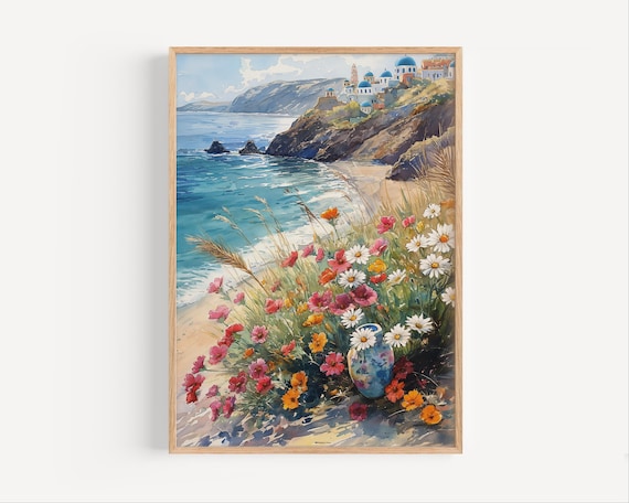Santorini Greece Wildflowers Beach Blue Domed Village Poster