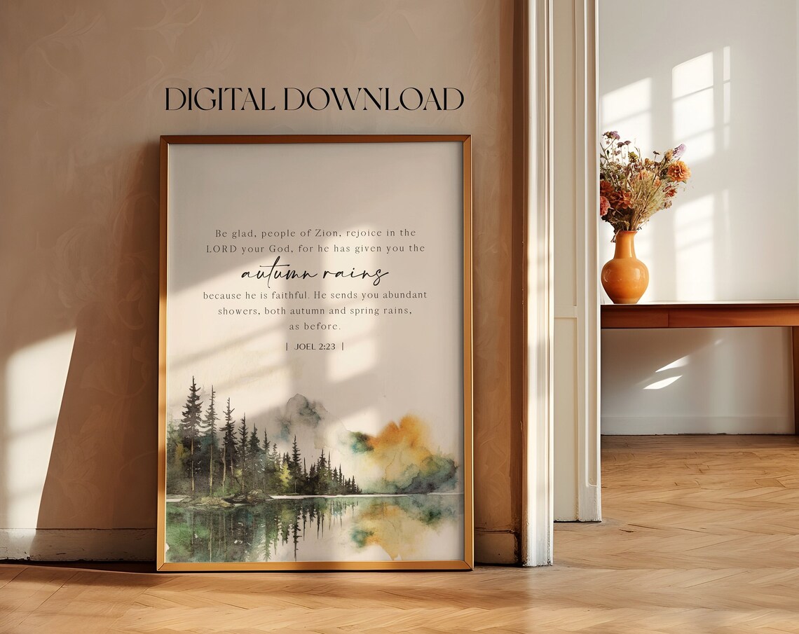 Joel 2:23 Autumn Rains Watercolor Lake Pine Forest Christian Bible Poster - Image 4