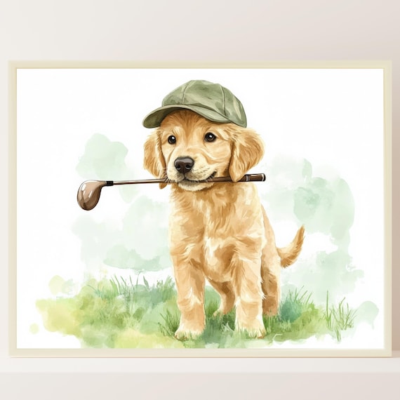 Golden Retriever Puppy Golf Cap Watercolor Cute Sports Nursery Print