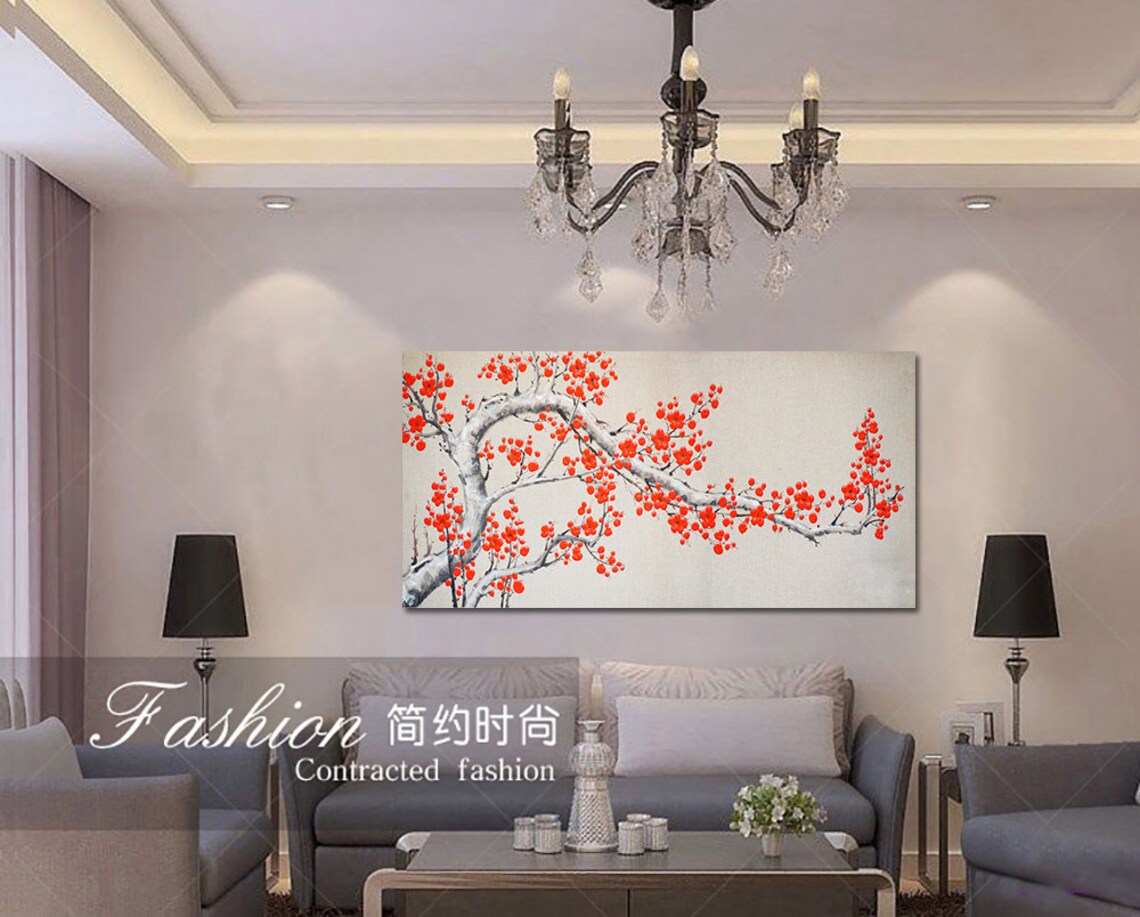 Red Plum Blossom Branch On Cream Background Asian Style Poster - Image 3