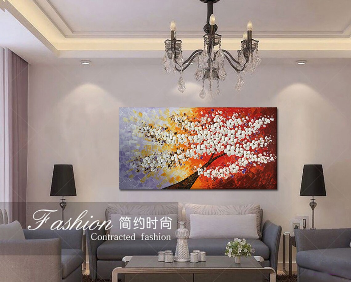Abstract White Flower Oil Painting White Cherry Blossom Painting On Brown Wall Art Pallette Knife Painting Living Room Wall Decor Art - Image 4