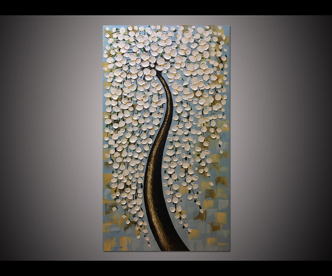Elegant White Weeping Blossom Tree Palette Knife Romantic Art Poster