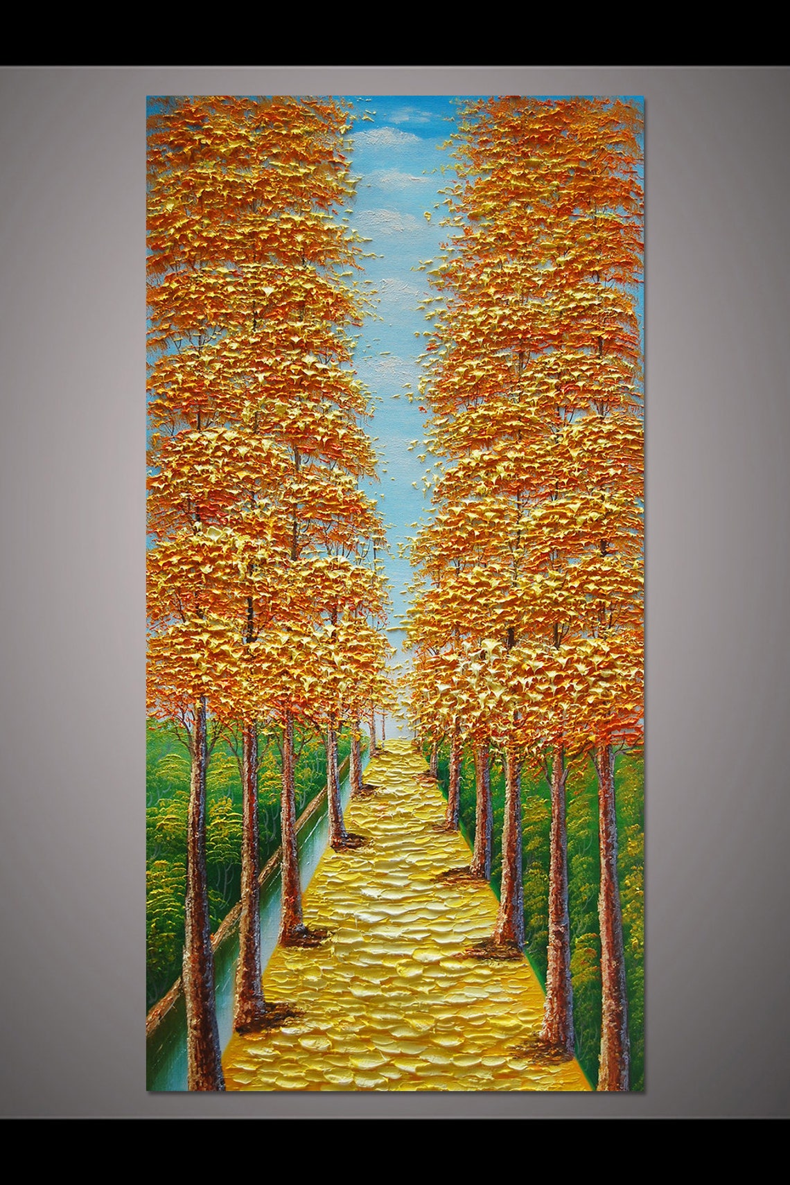 Golden Autumn Tree Avenue Path With Blue Sky Oil Paint Poster