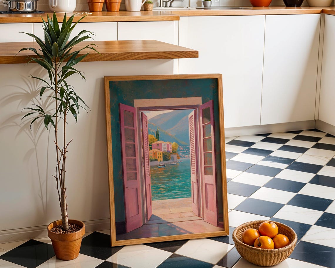 Vibrant Pink Shutters Opening To Lakeside Harbor View Painting Poster