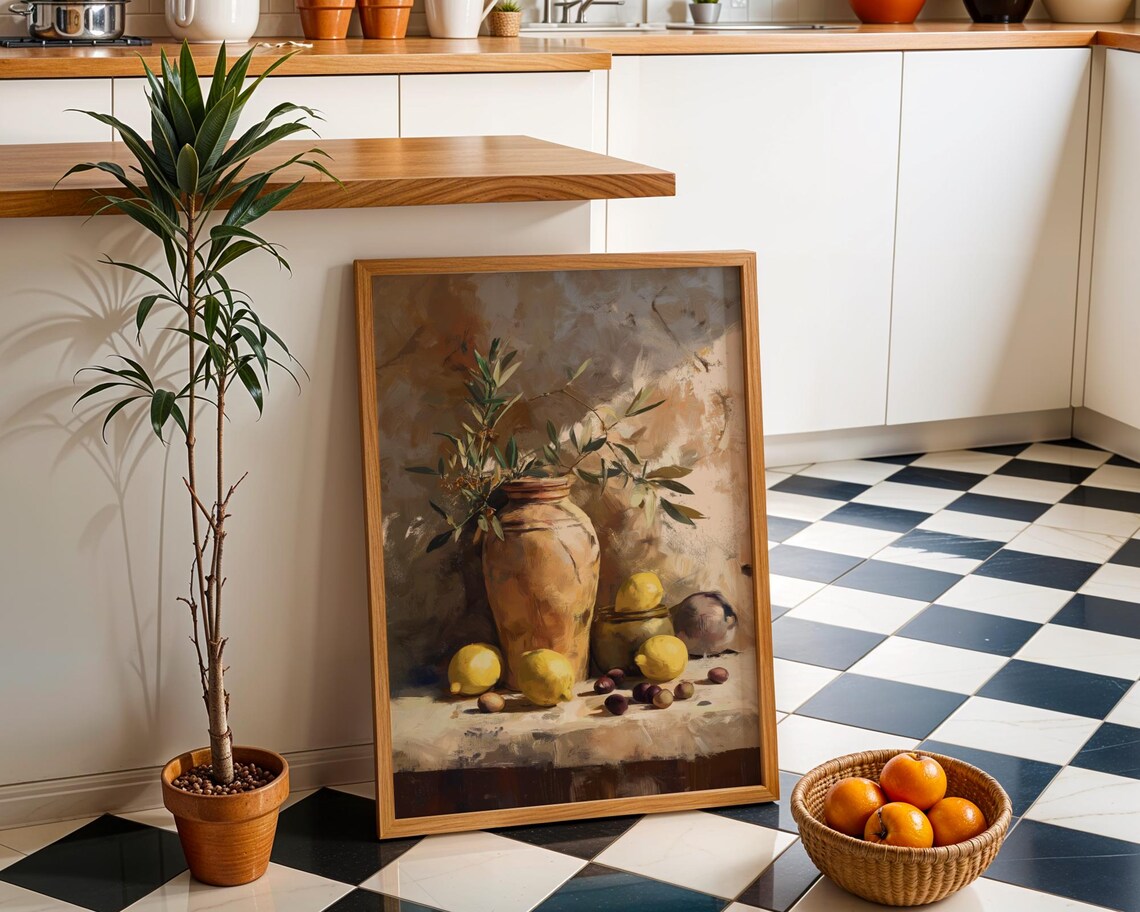 Lemon Bowl Art Print Kitchen Wall Dcor Fresh Fruit Illustration Yellow Botanical Mediterranean