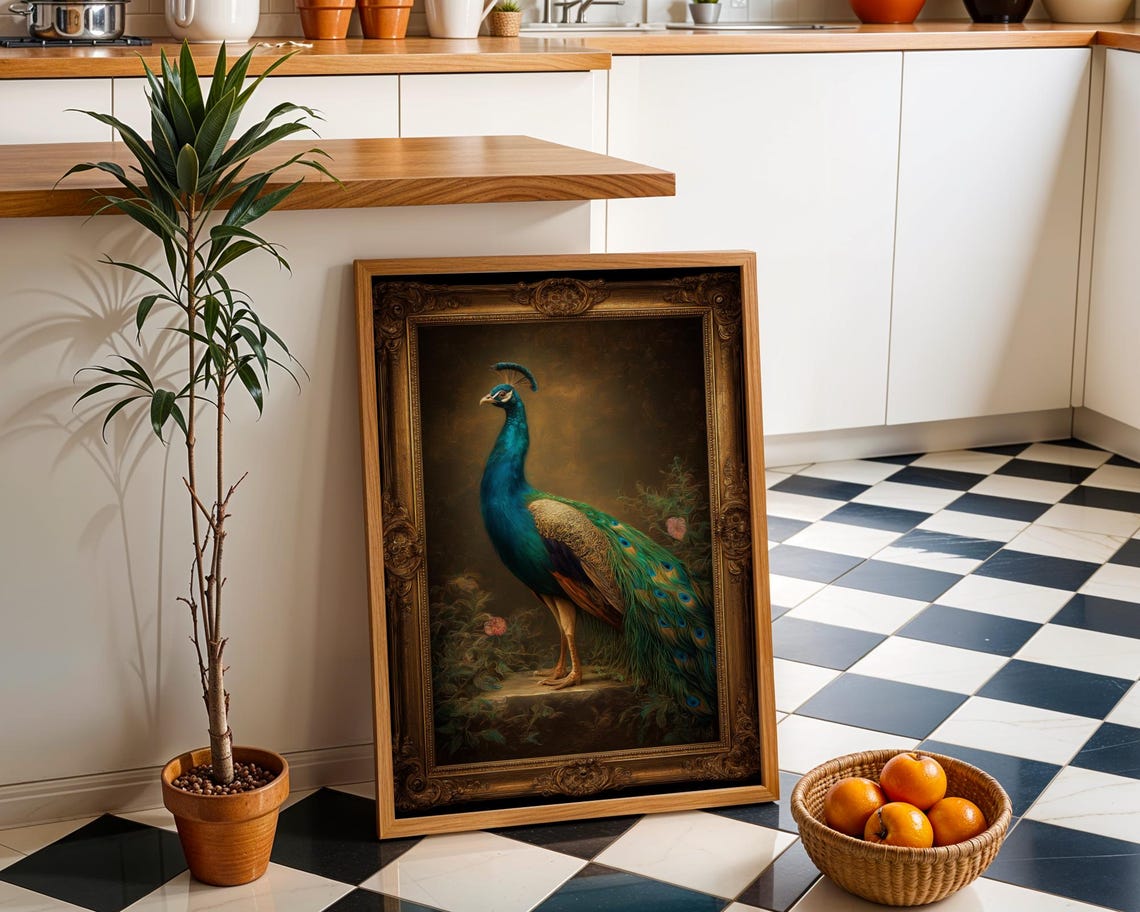 Peacock Golden Baroque Frame Classical Vintage Oil Painting Print