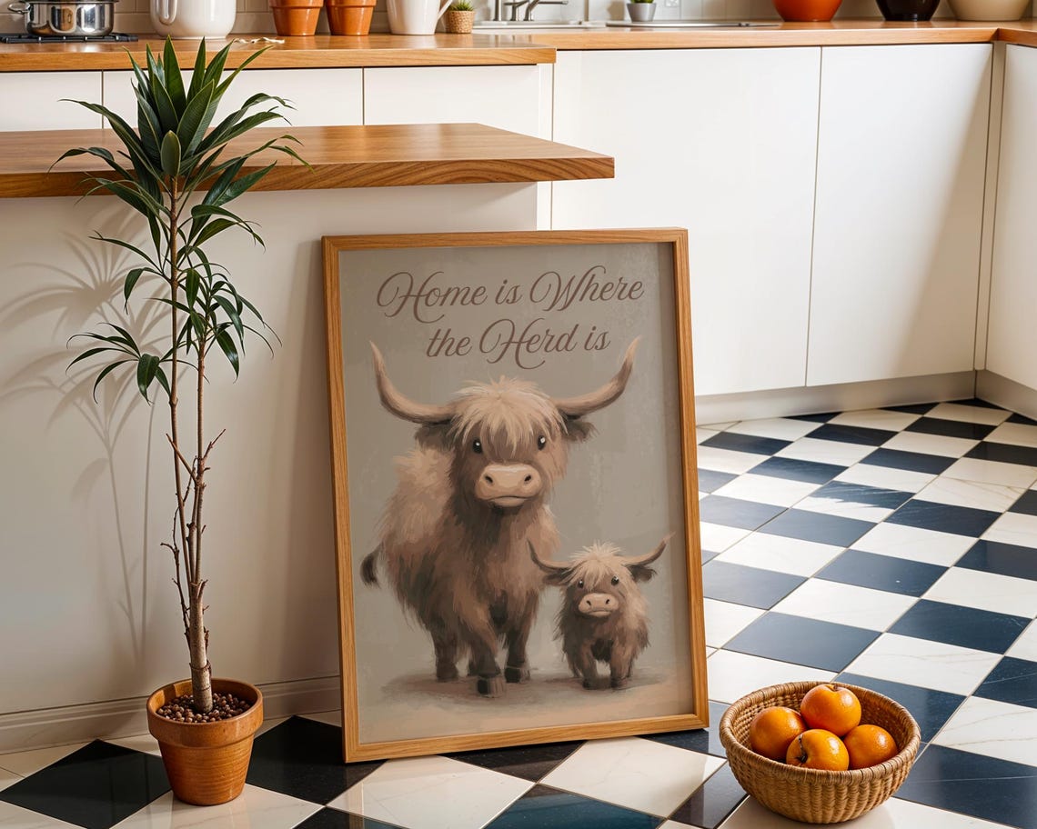 Home is Where the Herd is Highland Cow Quote Farmhouse Wall Art