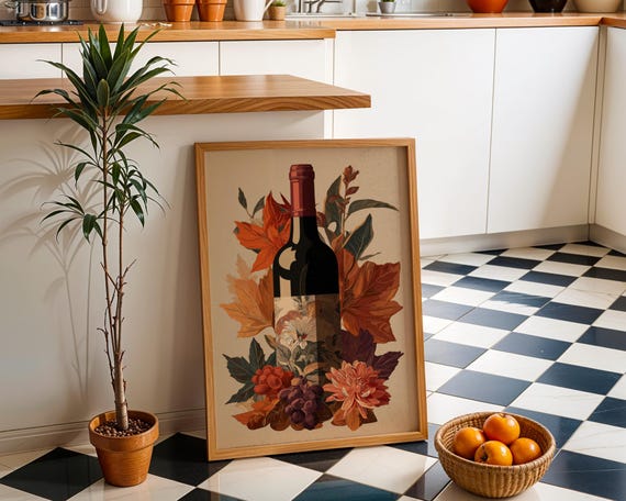 Autumn Wine Bottle Print Rustic Fall Floral Kitchen Wall Art Poster