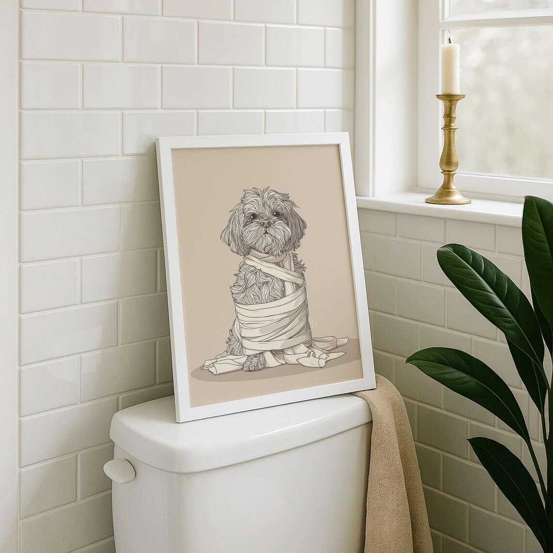 Funny Dog Toilet Paper Art Print, Modern Line Illustration