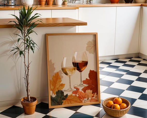 Autumn Wine Bottle Print Rustic Fall Floral Kitchen Wall Art Poster