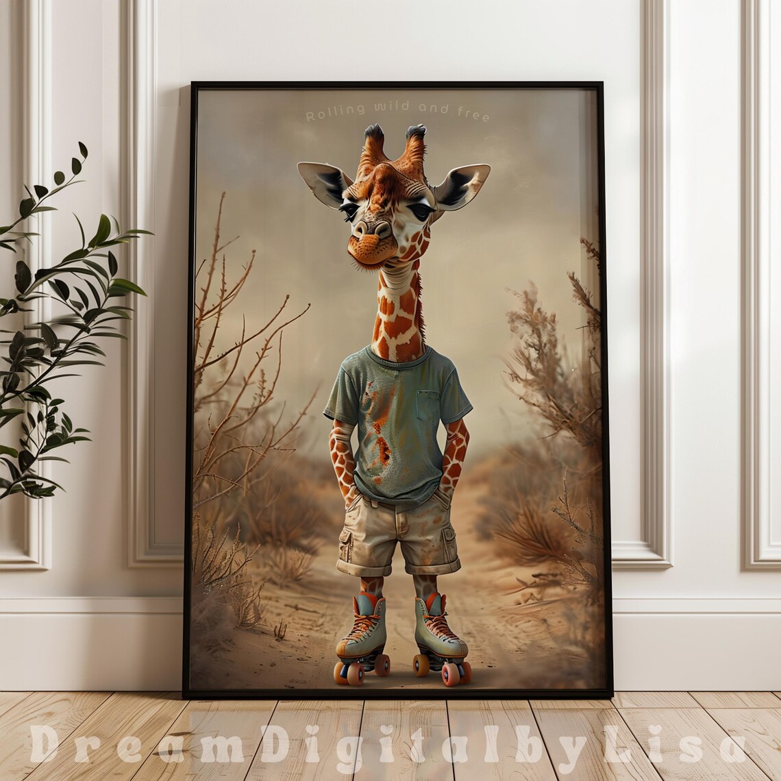 Giraffe Roller Skates Art Print, Whimsical Safari
