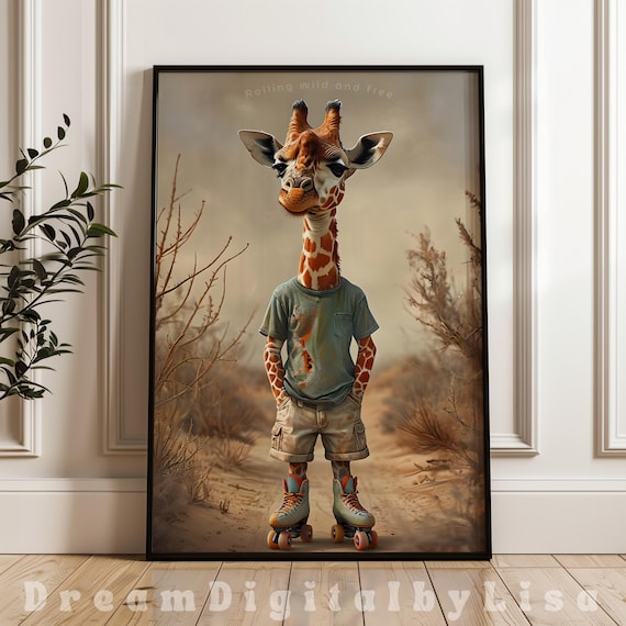 Giraffe Roller Skates Art Print, Whimsical Safari