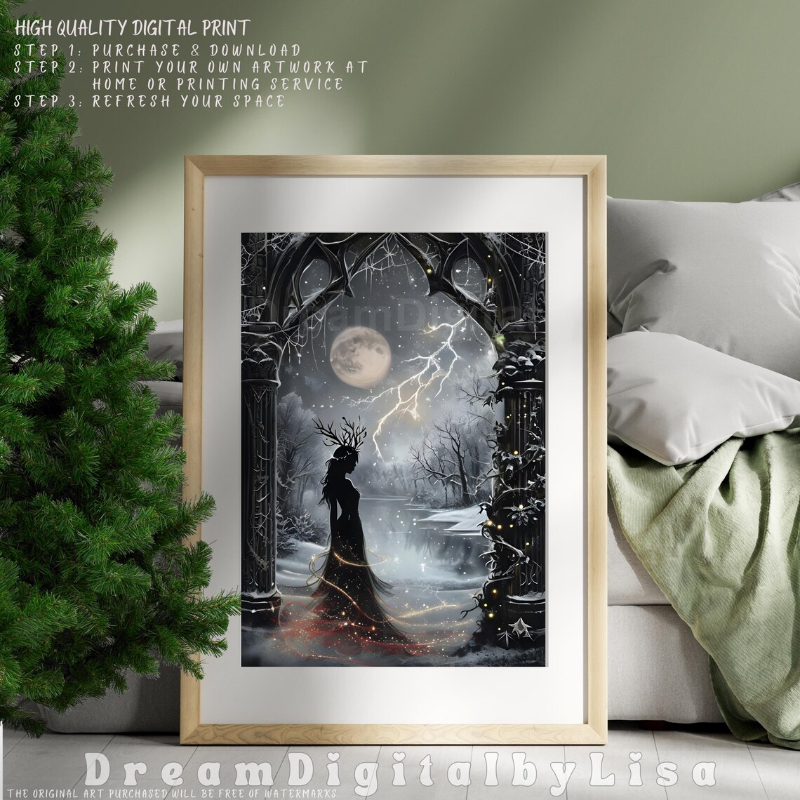 Fairycore Grunge Winter Woman Poster Antler Silhouette Moon Artwork - Image 4