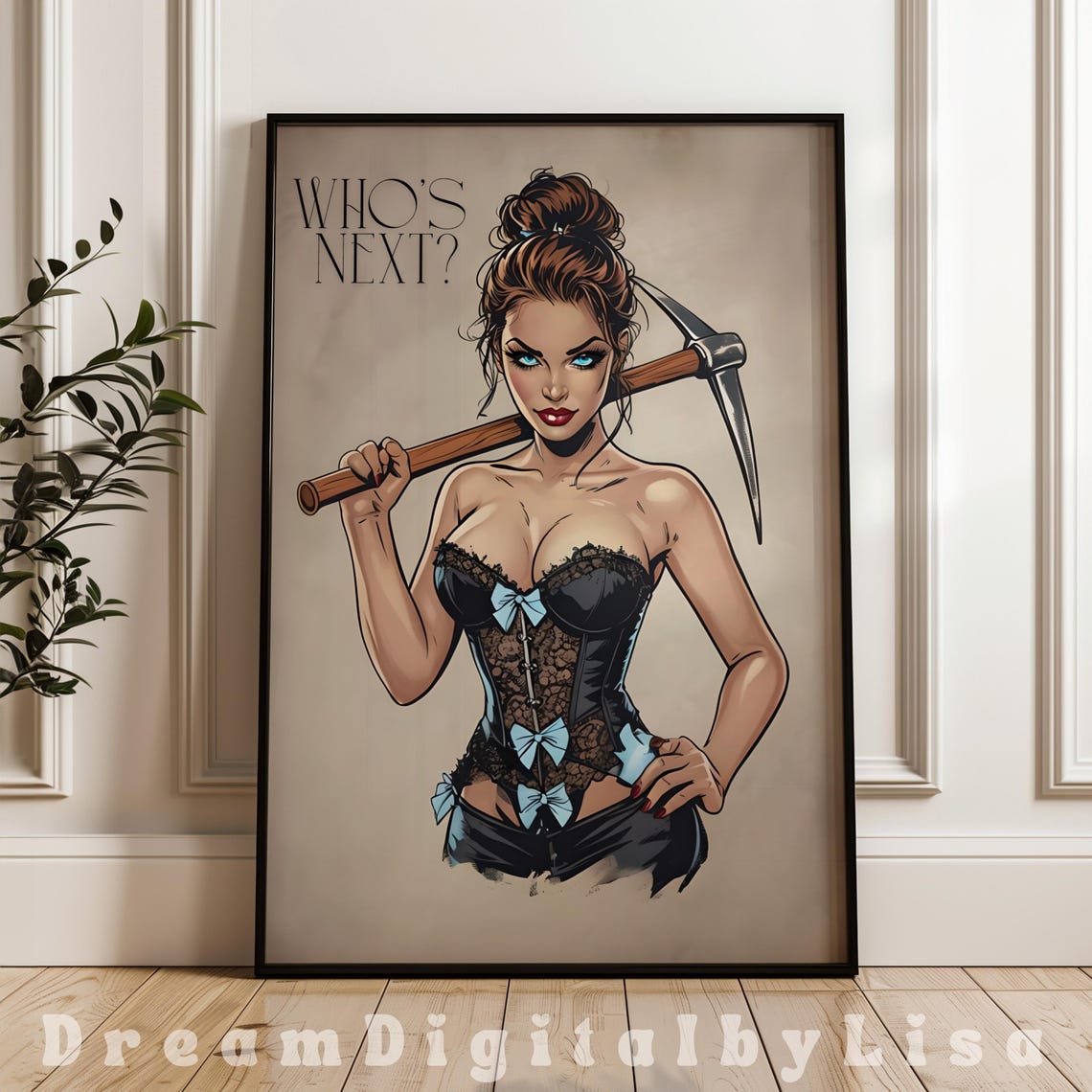 Vintage Messy Coquette Print Black Corset Blue Bows Femme Fatale Pin Up Woman Retro Feminist Art Sassy Poster Strong Woman Prints