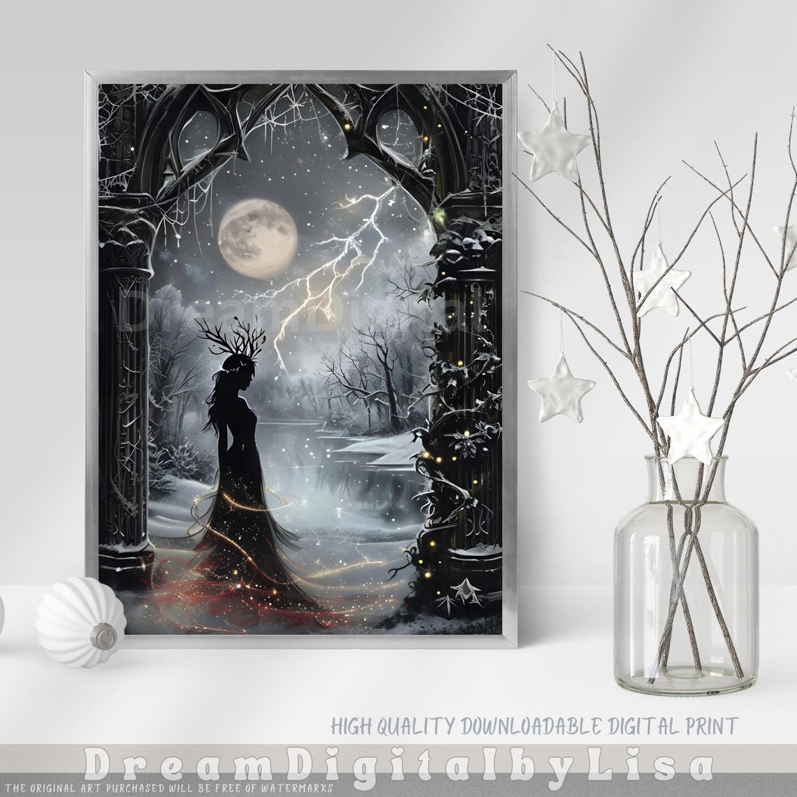 Fairycore Grunge Winter Woman Poster Antler Silhouette Moon Artwork - Image 3