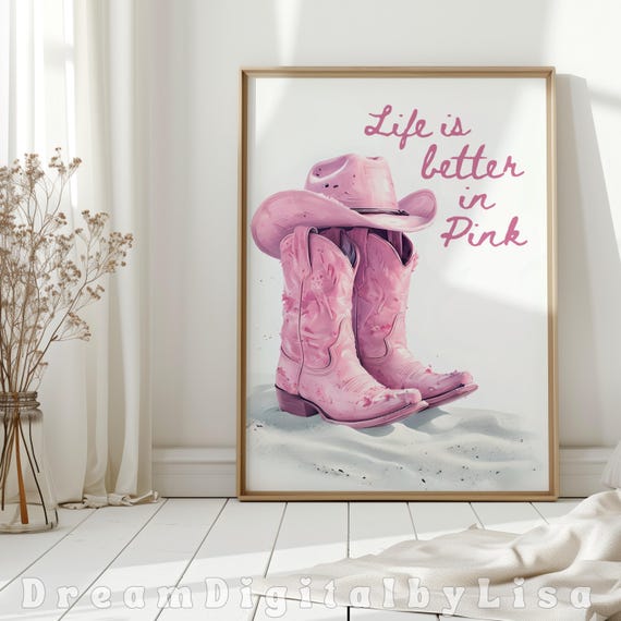 Pink Coquette Wall Art Messy Coquette Print Retro Pink Boots Cowboy Hat Girly Pink Gifts Pink Western Print Instant Art
