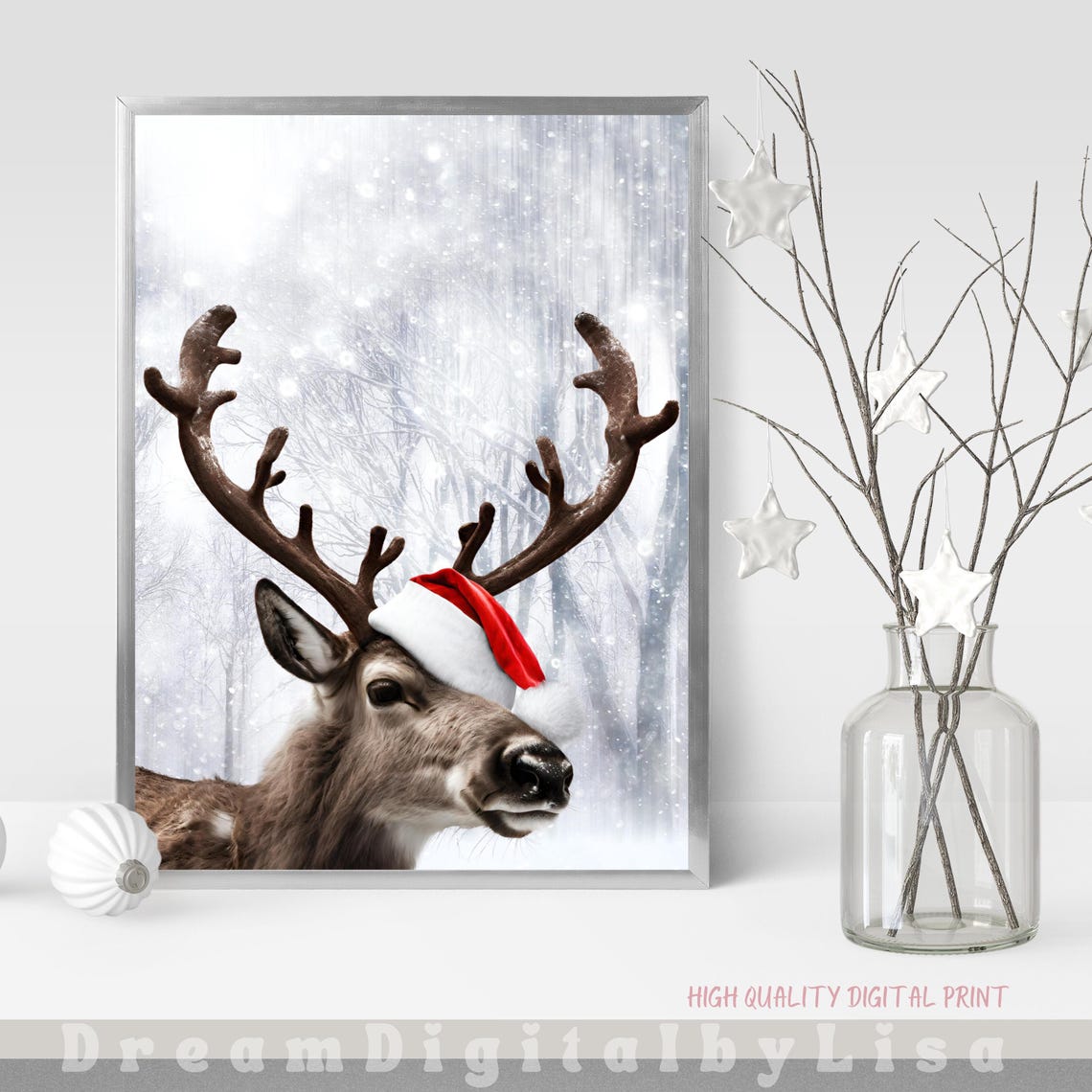 Reindeer Wearing Santa Hat in Snowy Forest Christmas Art Poster - Image 3