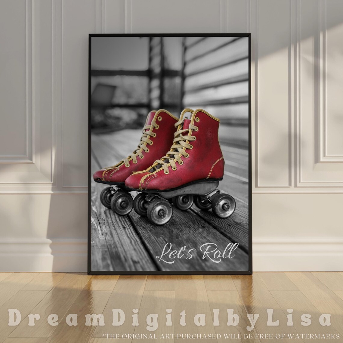 Vintage Red Roller Skates Lets Roll Black and White Photo Poster