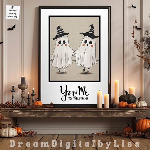 Together Forever Print Halloween Wedding Couples Gift Cute Ghosts Poster Ghost Gifts Spooky Season Vintage Ghosts Instant