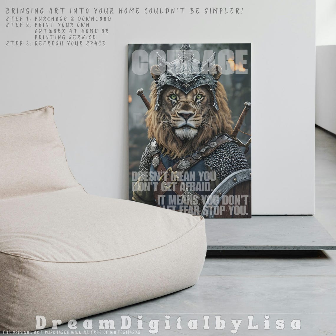 Courage Lion Warrior Poster Armored Lion Motivational Quote Artwork - Image 3