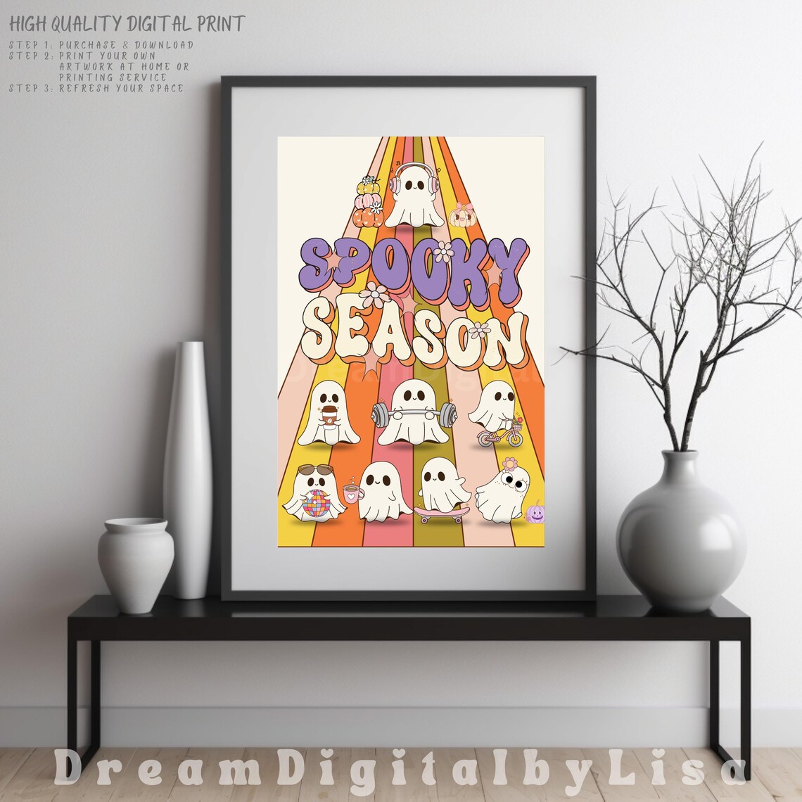 Spooky Season Cute Ghosts Print Retro Halloween Vintage Ghost Retro Poster Autumn Fall Print Whimsical Ghosts A4 A3 Instant - Image 4