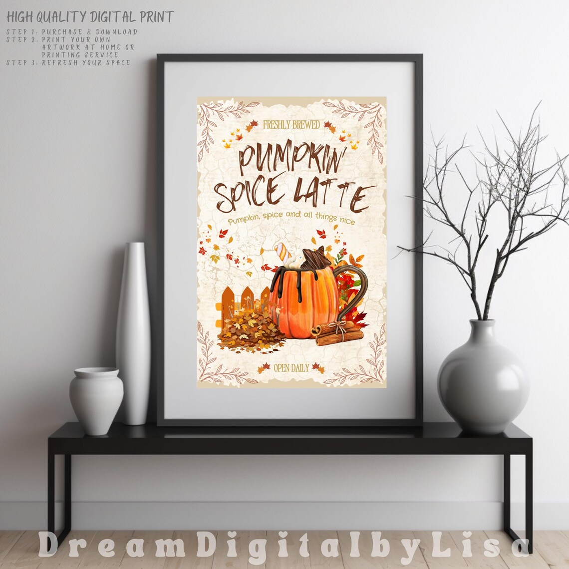 Freshly Brewed Pumpkin Spice Latte Poster Autumn Coffee Shop Sign Art - Image 4