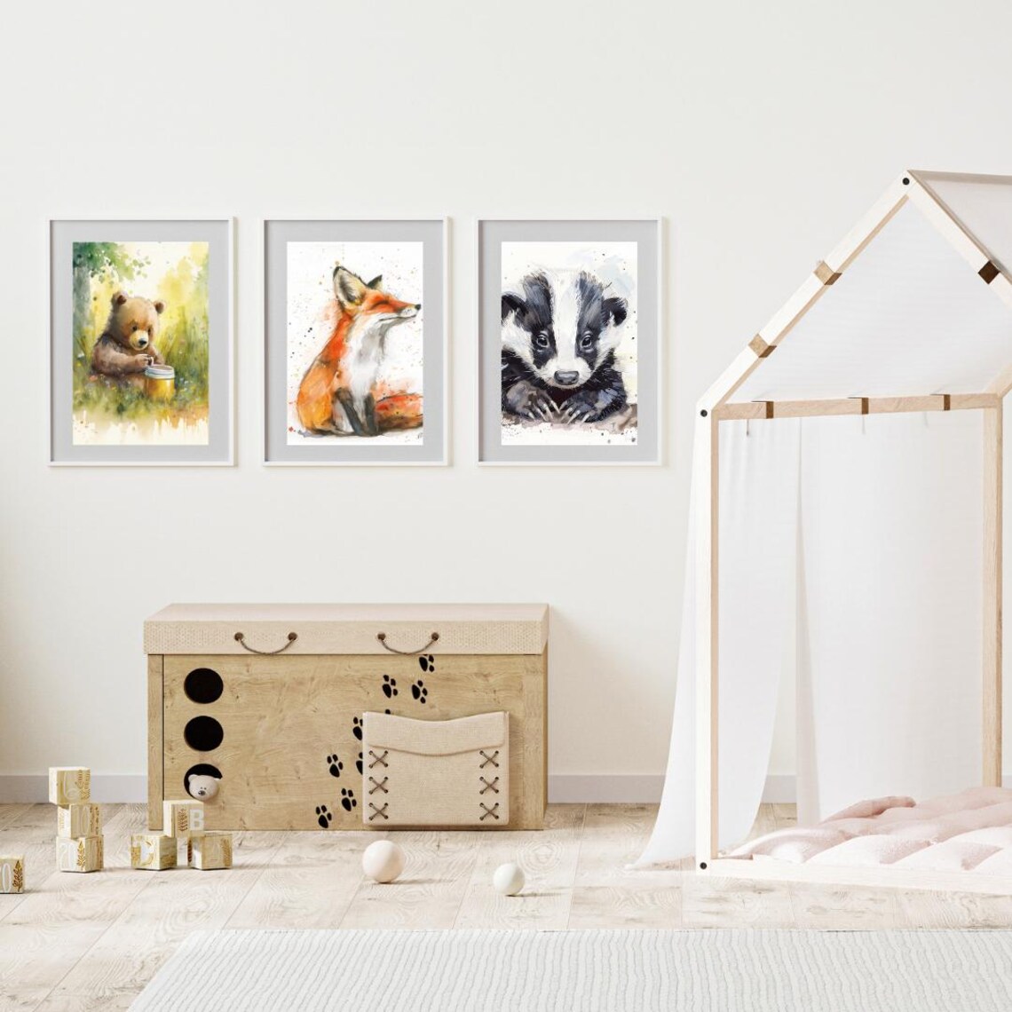 Brown Bear Cub Holding Honey Jar Meadow Wildflowers Watercolor Poster - Image 3