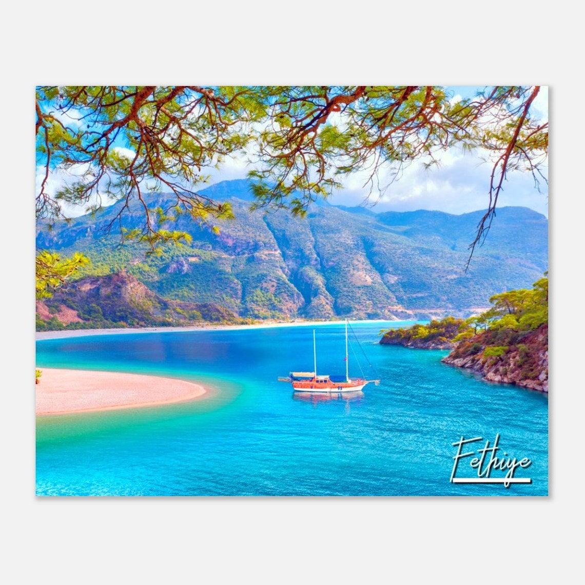 Fethiye Turkey Turquoise Lagoon Sailboat Mountain Coast Travel Poster