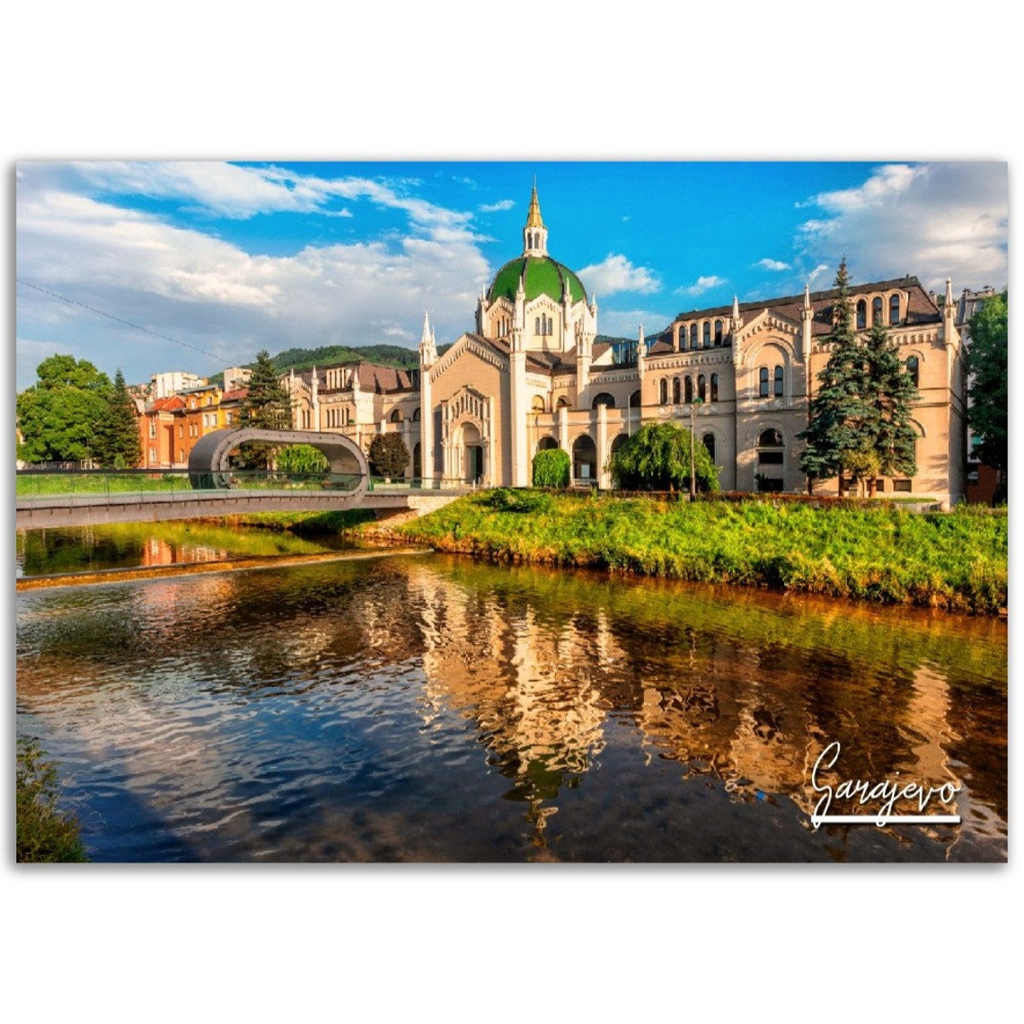 Sarajevo Bosnia Riverfront Green Dome Landmark Sunny Day Travel Poster