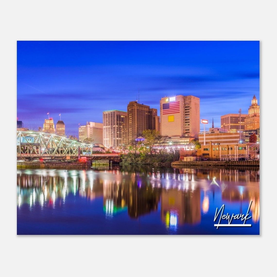 Newark New Jersey Skyline Night River Reflection City Poster