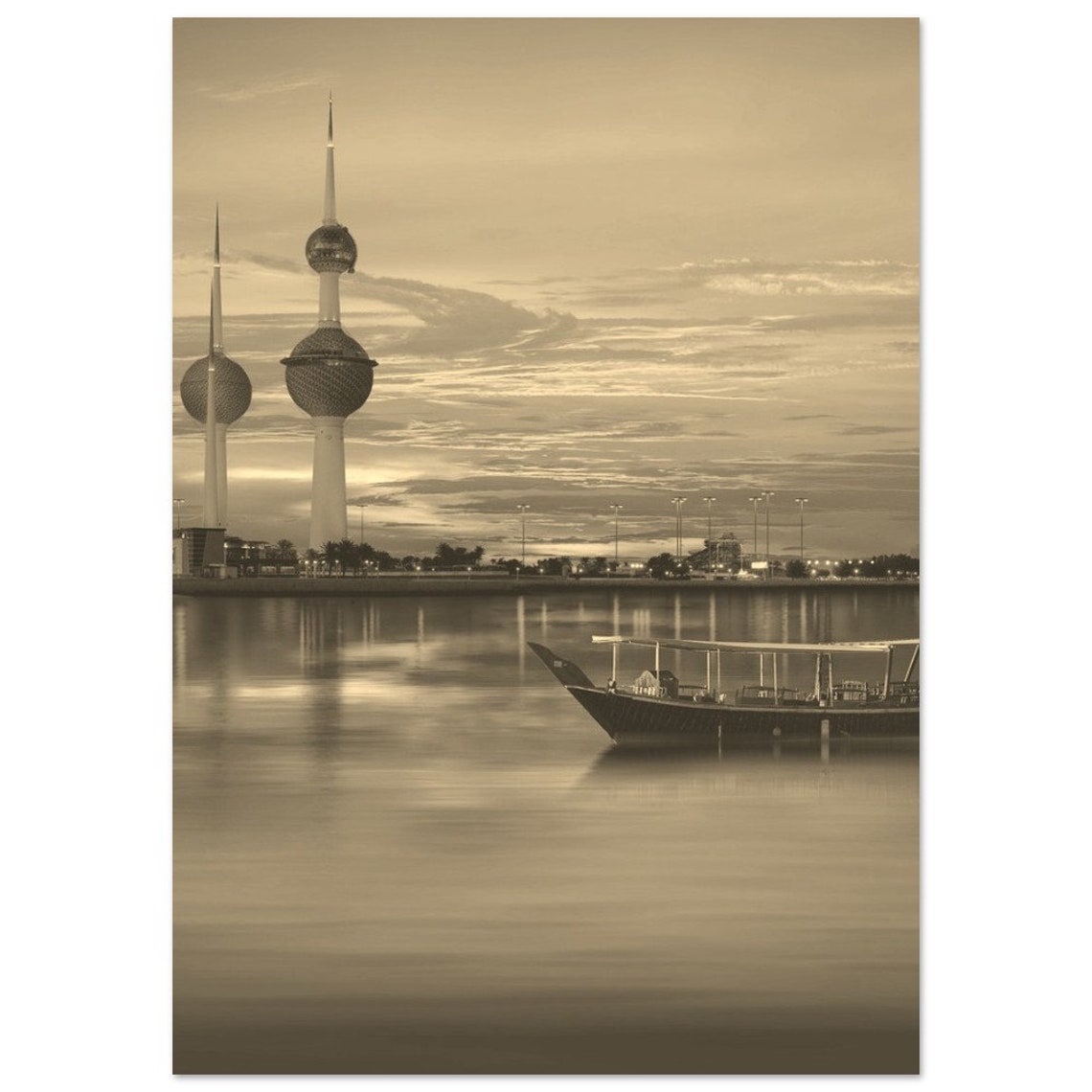 Kuwait Towers Sunset Dhow Boat Vintage Sepia Travel Poster Coast