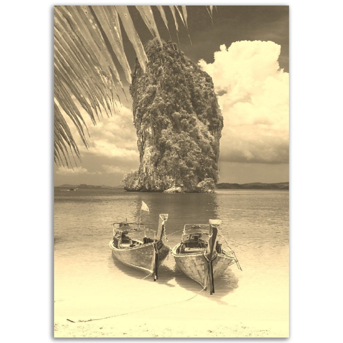 Vintage Krabi Sepia Longtail Boats Limestone Cliff Beach Travel Poster