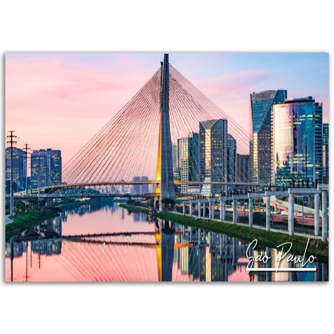 Sao Paulo Brazil Cable Stayed Bridge Sunset Cityscape Poster