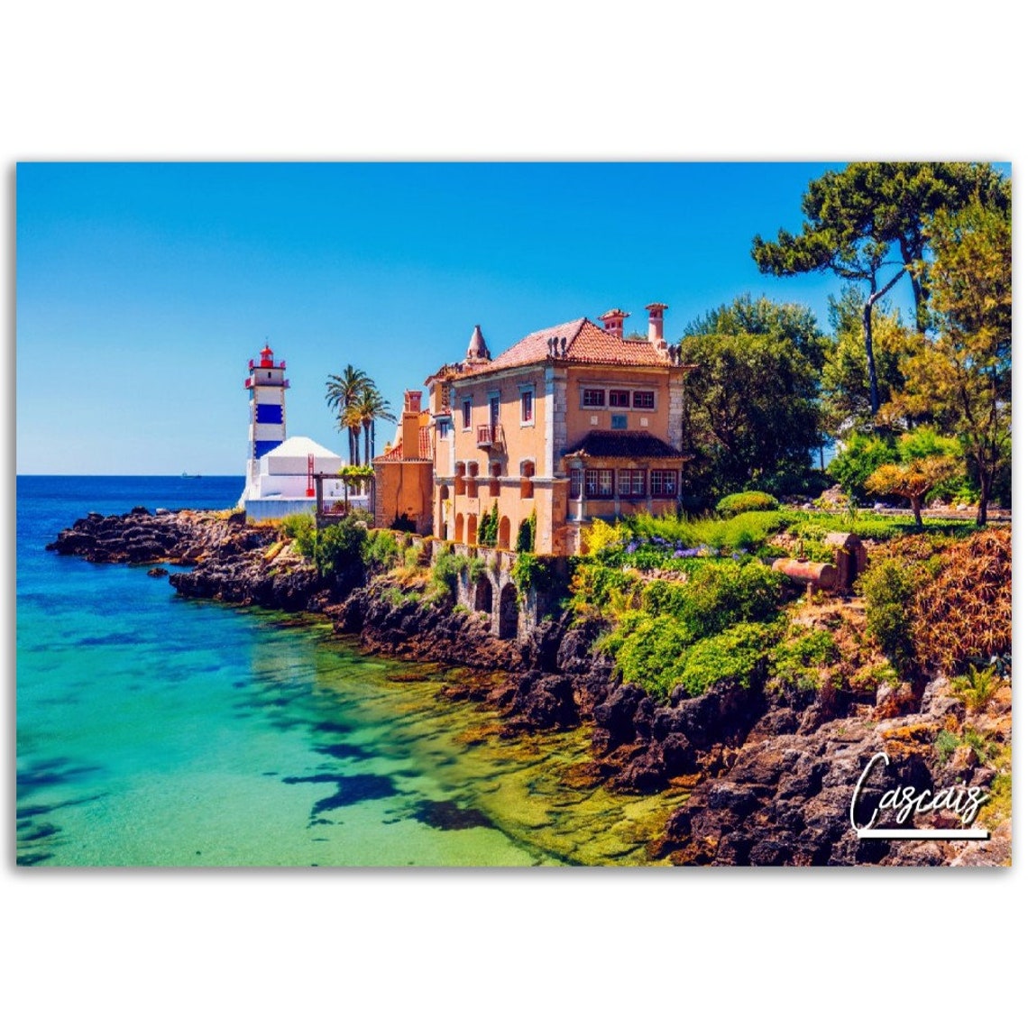 Cascais Portugal Striped Lighthouse Rocky Coast Travel Poster