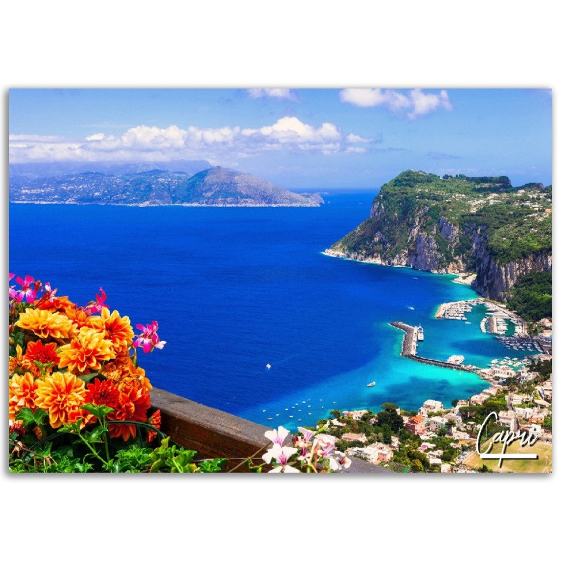 Capri Italy Coastline Blue Sea Flowers Cliffs Seaside Travel Poster