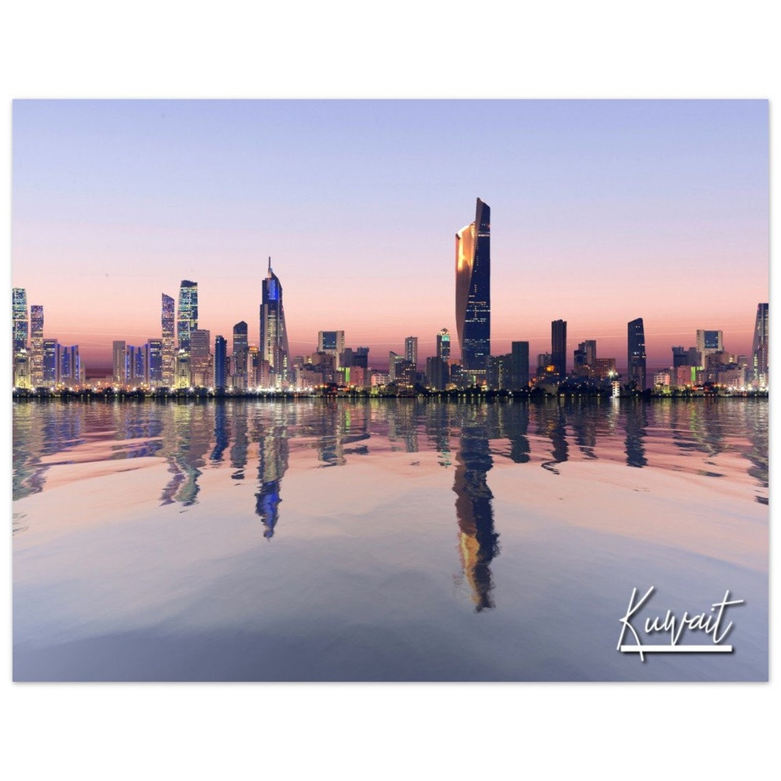 Kuwait City Skyline Sunset Reflection Modern Towers Travel Poster