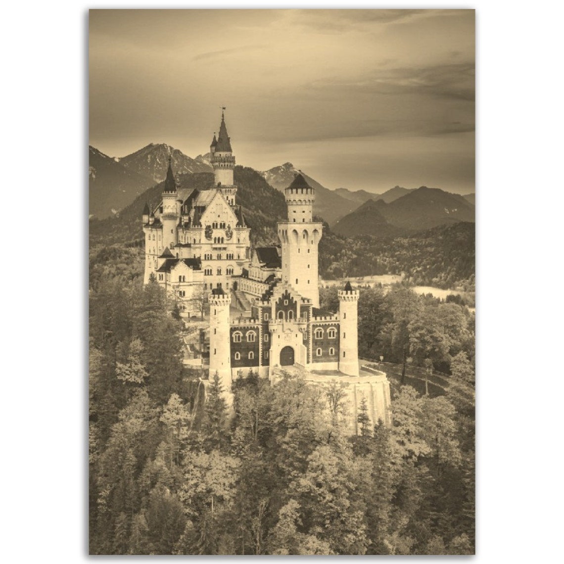 Neuschwanstein Castle Bavaria Germany Vintage Sepia Mountain Poster