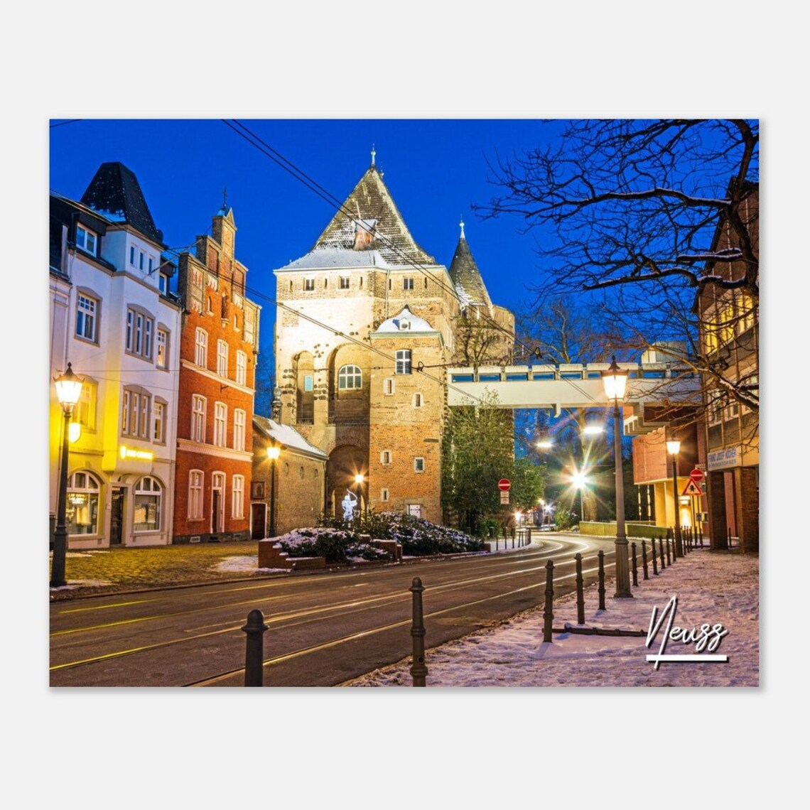 Neuss Germany Historic City Gate Winter Snow Night Scene Poster