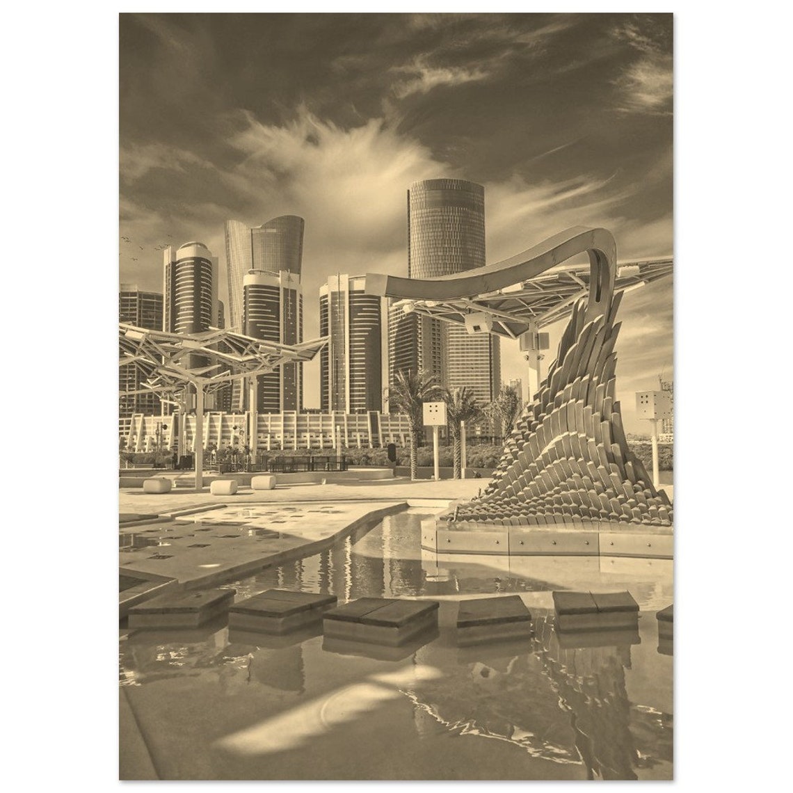 Vintage Abu Dhabi Skyline Sepia Modern City Waterfront Poster