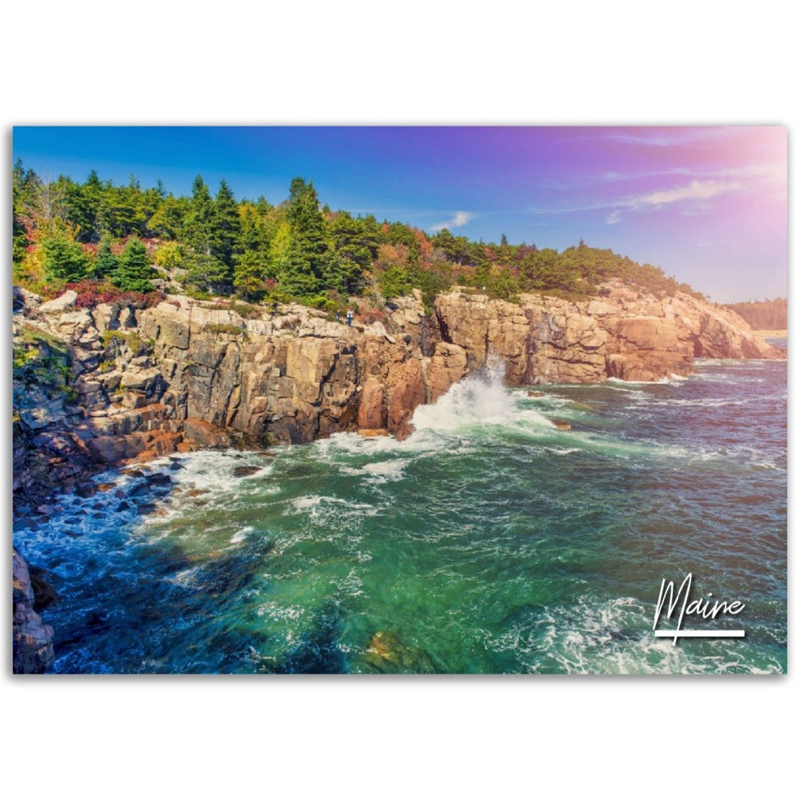 Maine Rocky Coastline Waves Crashing New England Seascape Poster